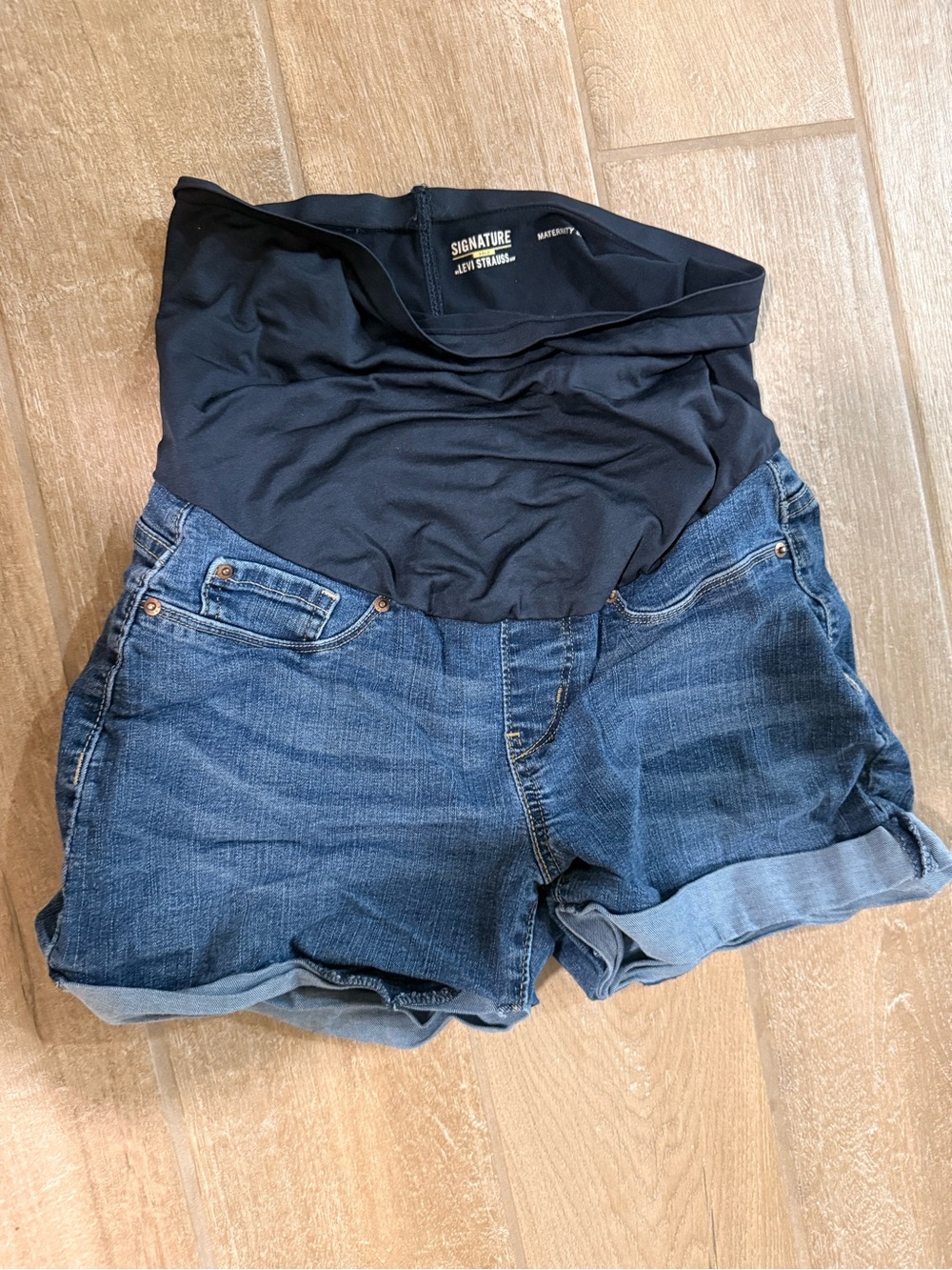 Signature High-Waist Maternity Denim Shorts in Dark Blue with Black Panel